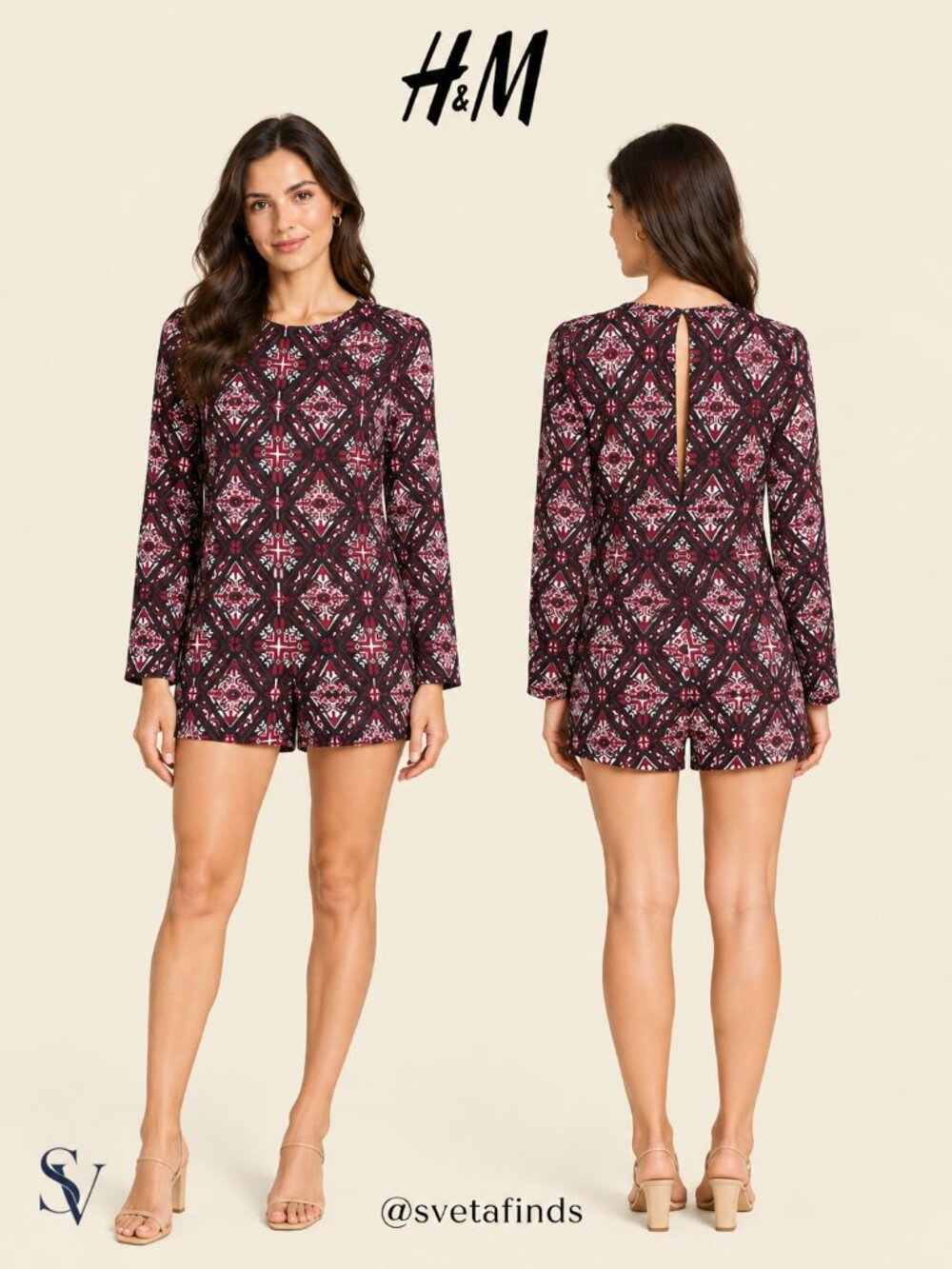 H&M DIVIDED Geometric Print Long Sleeve Romper Burgundy Black NWT Size US 4